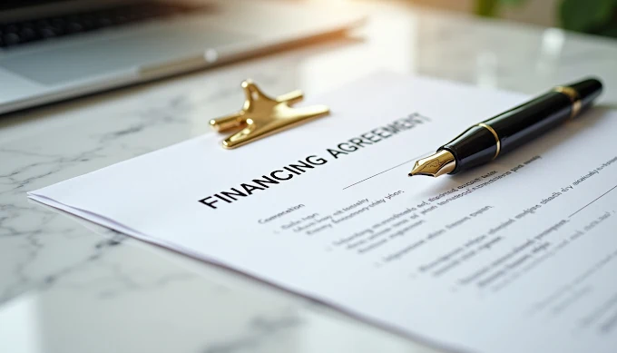Financing agreement document with pen and golden clip on desk