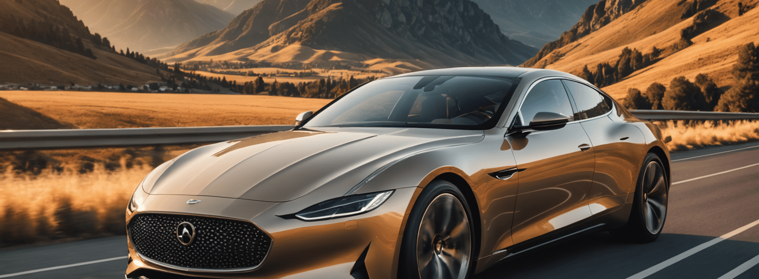 Modern luxury car driving on mountain road with golden landscape