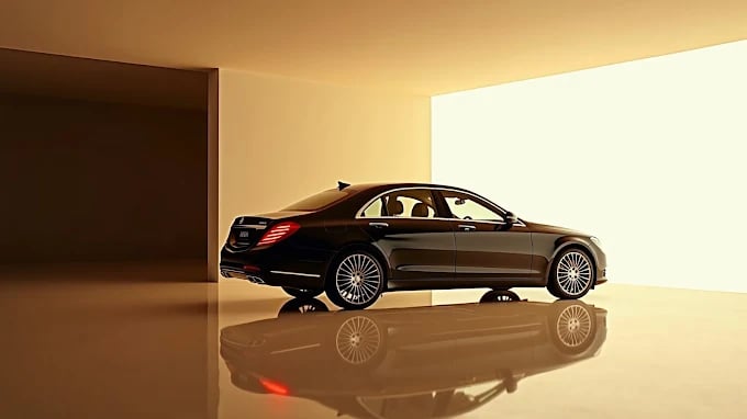 Black luxury sedan with reflective surface in minimalist architectural setting